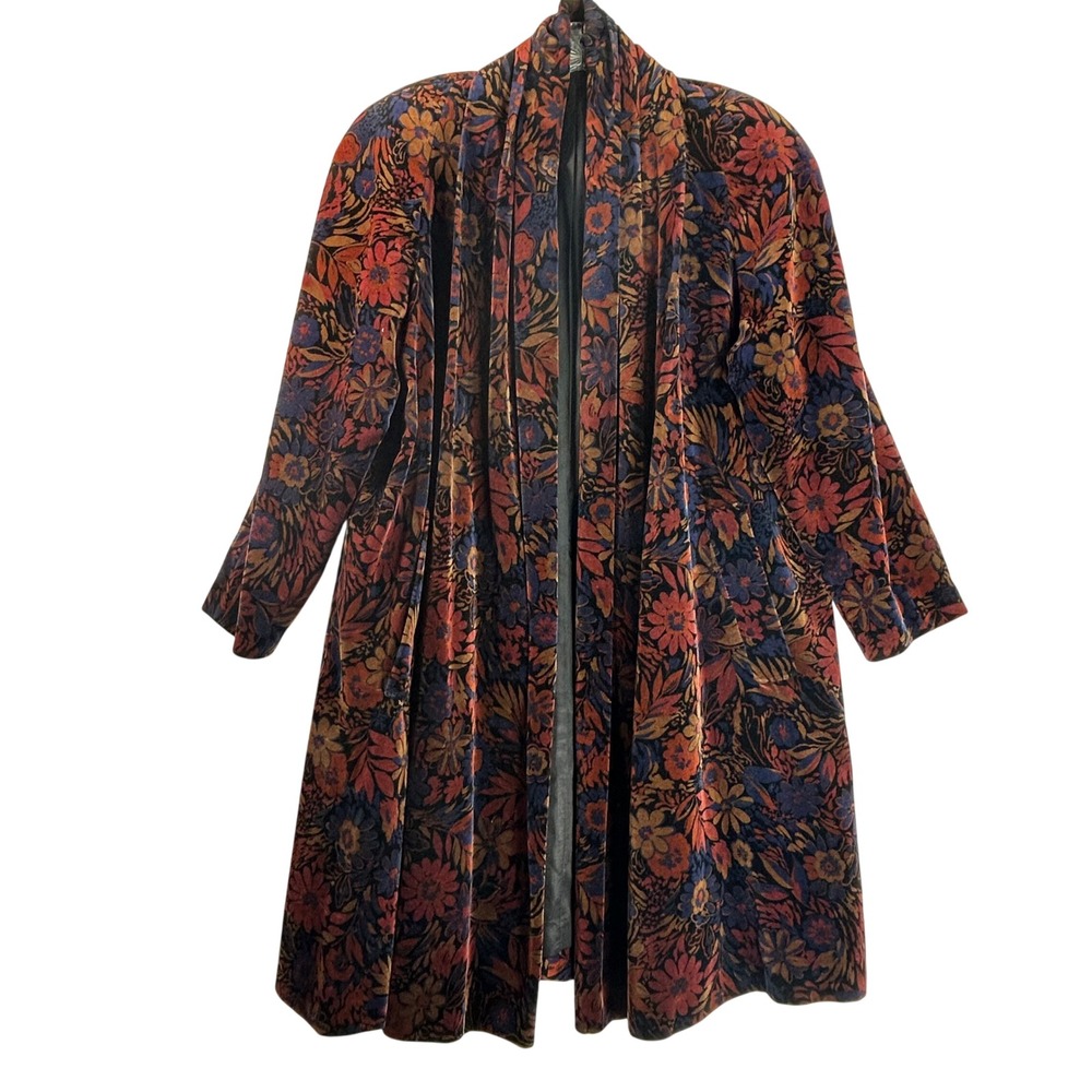 Vintage Portrait de Ball Velvet Floral Duster Coat Made in USA Rust Navy Pockets